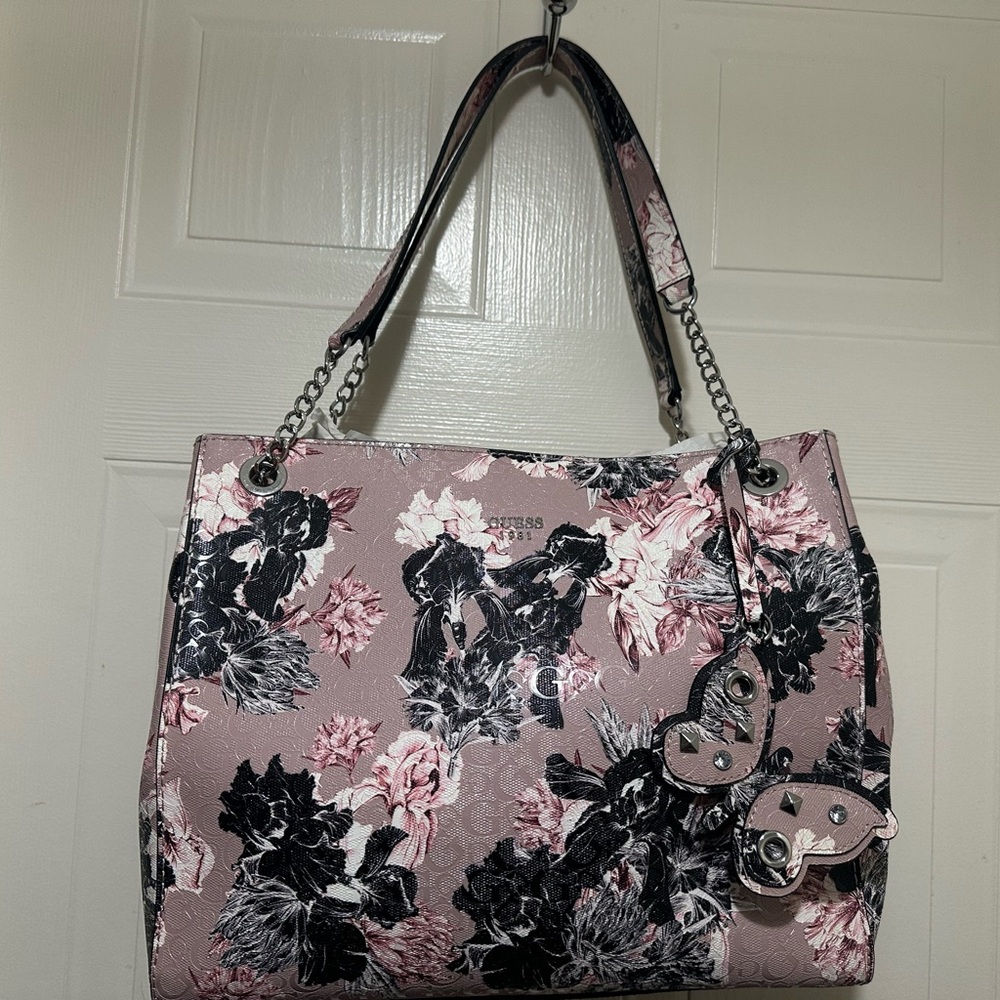 Guess Pink and Black Floral Shoulder Bag